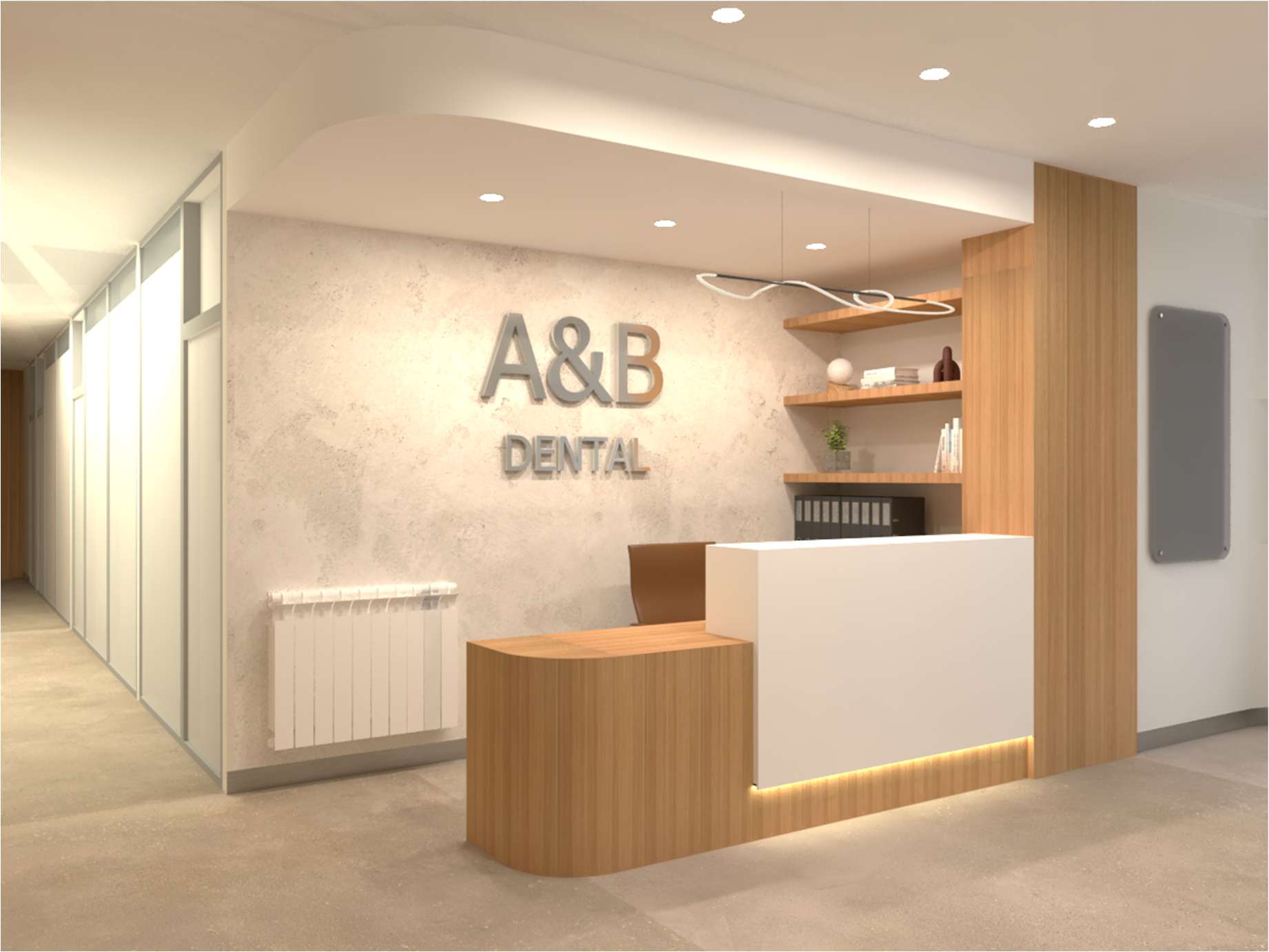 Interior de A&B Dental con el rótulo de la clínica